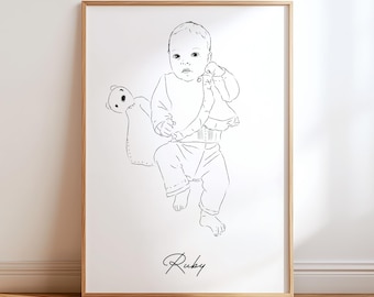 Custom hand-drawn baby illustration from photo - Line art birth poster (Digital Download)