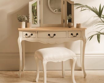 Farmhouse Vanity Table with Tri-Fold Mirror and Stool, White Wood Dressing Desk