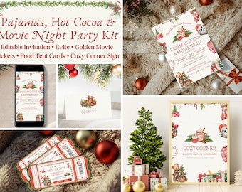 May include: A festive holiday-themed party kit with invitations, movie tickets, and a cozy corner sign. The design features illustrations of hot cocoa, teddy bears, and Christmas decorations. The kit includes editable invitations and food tent cards.