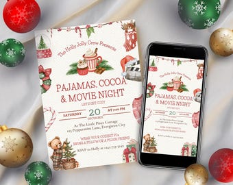 May include: A festive invitation for a "Pajamas, Cocoa & Movie Night" event, featuring watercolor illustrations of cocoa, cupcakes, and Christmas decorations. The date is December 20th at 7:00 PM. A smartphone displays the same invitation.