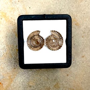 May include: A pair of light brown, fossil-shaped earrings. The earrings are displayed on a white surface inside a black jewelry box. The earrings have a spiral design and are made of a translucent material.