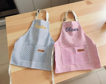 Personalized Apron for Kids, Custom Toddler Apron Embroidered Name, Striped Apron With Pockets, Cooking Party, Birthday Gift for Child
