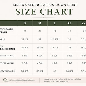 Puede incluir: Tabla de tallas para una camisa Oxford con botones para hombre. La tabla muestra medidas en pulgadas para la longitud del cuerpo, el pecho, la circunferencia del cuello, la altura del bolsillo, el ancho del bolsillo y la longitud de la manga. Tallas de la S a la 2XL.