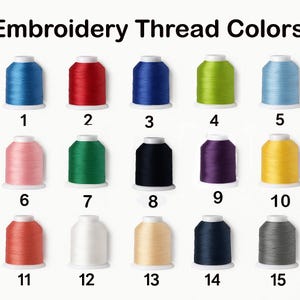 May include: An image displaying 15 spools of embroidery thread in various colors, including blue, red, green, black, and yellow. Each spool is numbered, and the text "Embroidery Thread Colors" is at the top.
