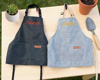 Personalized Apron for Kids, Custom Toddler Apron Embroidered Name, Striped Apron With Pockets, Cooking Party, Birthday Gift for Child