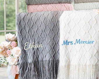 Personalized Sherpa Fleece Blanket, Engraved Leather Patch Cozy Sherpa Soft Textured Home Decor, Wedding Gift Housewarming Gift For Couple