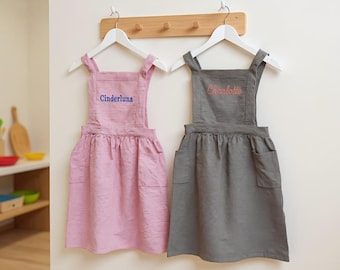 Personalized Kids Apron, Embroidered Name, Striped Cotton-Linen