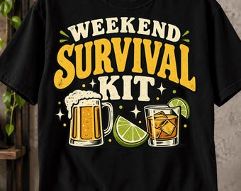 Weekend Survival Kit T-Shirt, Funny Weekend Drinking Gift, Beer Whiskey Cocktail Graphic Tee, Party Lover Shirt