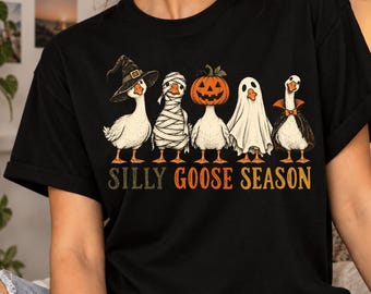 Silly Goose Season T-Shirt, Funny Halloween Goose Gift, Spooky Goose Lover Gift, Witch Ghost Pumpkin Graphic Tee
