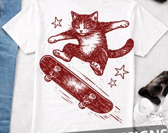 Y2K Katze PNG, Skateboard Kätzchen Grafik, Vintage 90er Jahre Ästhetik, Rockstar Freundin Katze, Grunge Kokette Skater Mori Kei PNG