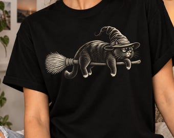 Cute Witch Cat on Broom T-Shirt, Funny Halloween Cat Lover Gift, Spooky Black Cat Witch Graphic Tee, Vintage Gothic Kitty Gift