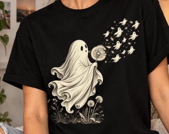 Ghost Blowing Dandelion Wish T-Shirt, Funny Spooky Season Gift, Cute Halloween Ghost Graphic Tee, Whimsical Gothic Ghost Lover Gift
