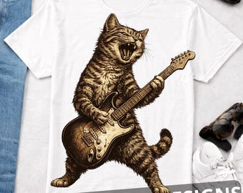 Niedliche Katze, die Gitarre spielt PNG, Retro 90er Jahre Katzenmusik Design, Boho Ästhetische Kitty Grafik für Kinder & Erwachsene Shirt