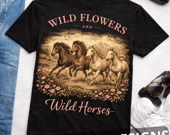 Wildblumen PNG, Wildpferde PNG, Country Western Cowgirl Design, Rodeo Blumenkunst, rustikales Westernmotiv, Concert Vibes Sublimation