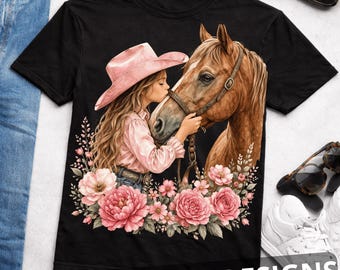 Cowgirl Reitpferd PNG, Western Cowgirl küsst Pferd, rustikale Ranch Blumenmuster, Rodeo Country Girl Sublimation, Vintage Western PNG