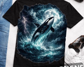 Vintage 90er Jahre Midnight Orca Grafik png, Retro Orca Shirt, 90er Jahre Ocean Wildlife Lightning Bolt png