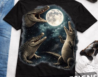 Vintage 90er Jahre Grafik mit einem Alligator der den Mond anheult, Retro Krokodil Galaxie Shirts