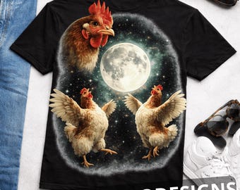 Howling Huhn at the Moon Vintage 90er Jahre Grafik PNG, Retro Galaxie T-Shirt mit Bauernhofhenne