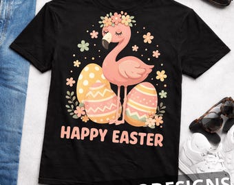 Frohe Ostern Flamingo PNG, süßes rosa Flamingo Bunny Shirt Design, Blumen Frühling Ostern Clipart, Tropische Ostern Sublimation PNG