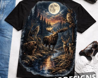 Retro Waldtiere PNG, Vintage 90er Jahre Wolf Hirsch Eule Elch Grafik, Cabin Nature Moon Wildlife Shirt Design