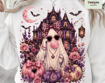 Ghost Blowing Bubble Gum PNG, Coquette Halloween Ghost, Pink Pumpkin Sublimation Design, Girly Spooky Season PNG Download