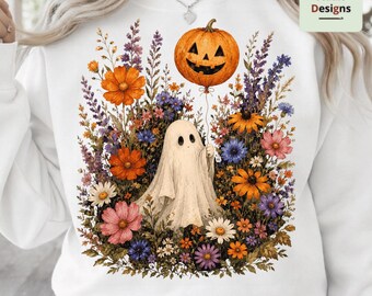 Halloween Ghost PNG, Wildflower Ghost PNG, Spooky Floral Ghost Design, Boho Fall Ghost Art, Cute Pumpkin Ghost Digital Download