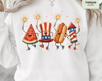 Patriotic Doodle PNG, Cute 4th of July Sublimation, Watermelon Hot Dog Fireworks Design, Retro Americana Summer Digital Download