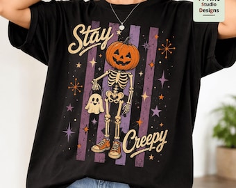 Stay Creepy PNG, Skeleton Halloween PNG, Retro Spooky Season Design, Skull Pumpkin Fall Graphic, Funny Halloween Sublimation