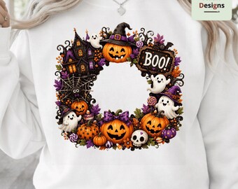 Halloween Wreath PNG, Ghost Pumpkin Door Hanger Design, Boo Sign Sublimation, Spooky Front Door Decor, Fall Halloween PNG