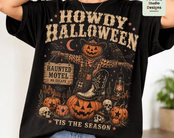 Western Howdy Halloween PNG, Haunted Motel, Retro Halloween Pumpkins, Cowgirl Halloween PNG, Scarecrow PNG, Spooky Boots