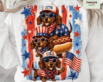 Striped Patriotic Dachshund PNG: Retro USA Doxie Fourth Of July Celebration png American Flag Puppy Art (Digital Download)