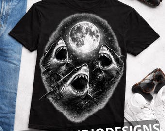 Shark Kids PNG, Monochrome Shark Moon Graphic, Ocean Predator Shirt Design, Marine Life Youth Tee PNG, Toddler Ocean Gift
