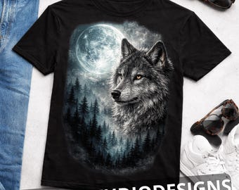 Wolf Moon Kids Graphic png. Youth Wolves Forest Night Tee, Toddler Nature Vintage 90s png