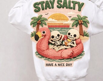Stay Salty Have A Nice Day PNG: Tropical Skeleton Flamingo Summer Beach Vacation Vibes png Coastal Sunset Palm Clipart (Digital Download)