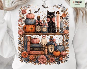 Bookish Halloween PNG, Book Lover Fall PNG, Spooky Season Reader Design, Floral Autumn Books PNG, Black Cat Bookish Art