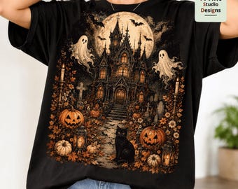 Haunted House PNG, Halloween Haunted Mansion PNG, Ghost Pumpkin Black Cat PNG, Spooky Season Sublimation Design, Autumn Art