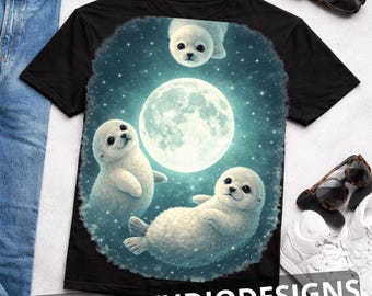 Three Baby Seal Vintage Graphic png, Retro Sea Dog Moon png, Seal Lovers, Cute Sea Dog Tee, Relaxed Washed Adult Tee, Fun Gifts