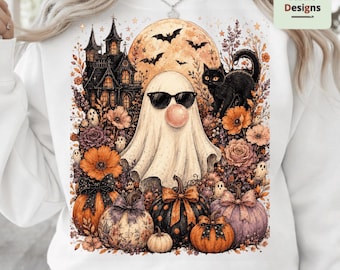 Ghost Blowing Bubble Gum PNG, Cute Halloween Ghost PNG, Girly Spooky Season Design, Floral Fall Ghost Art, Haunted House PNG