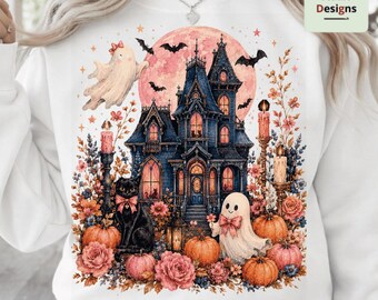 Ghost Blowing Bubble Gum PNG, Girly Halloween Sublimation Design, Haunted House Floral Fall PNG, Trendy Spooky Season Download