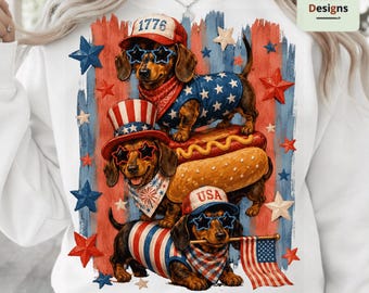 Striped Patriotic Dachshund PNG, 4th of July Weiner Dog Sublimation, Retro USA Doxie Shirt Design, Cute American Wiener Dog Digital Download