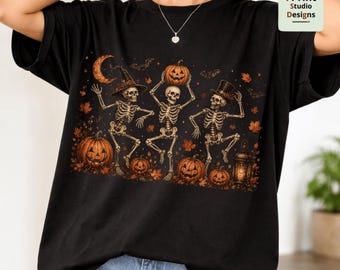 Dancing Skeletons PNG, Spooky Season Halloween Design, Autumn Pumpkin Party Graphic, Vintage Fall Sublimation PNG