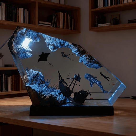 Underwater Ocean Resin Art Lamp with Shipwreck Scene, Handmade Deep Sea LED Night Light, Marine Life Decor with Diver and Mermaid Details
