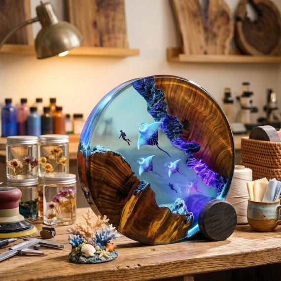 A circular diorama lamp showing a manta ray gliding over a scuba diver — the round format is a fresh spin on the epoxy-wood format and the underwater composition is genuinely beautiful.
