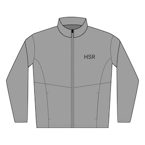 Op de afbeelding: Een grijze jas met ritssluiting en opstaande kraag. De jas heeft een lange ritssluiting en twee voorzakken. De letters "HSR" zijn gedrukt op de linkerbovenborst van de jas.