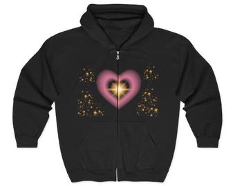 Pink Gold Heart Zip Hoodie, Romantic Graphic Sweatshirt, Cozy Cotton-Blend