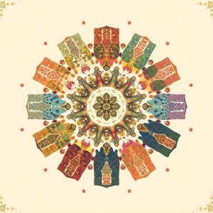 May include: A colorful mandala design featuring a central floral pattern surrounded by stylized, rectangular shapes. The shapes display intricate patterns in shades of red, orange, green, and blue, set against a cream background. Small red floral accents are scattered around the design.