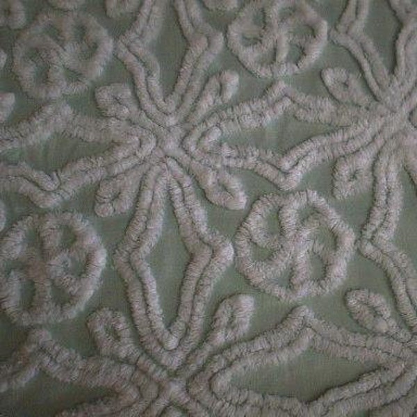 Gorgeous HOFMANN Mint GREEN with WHITE Snowflakes, Circles and More Vintage Chenille Bedspread Fabric - 26" X 27+" - #2