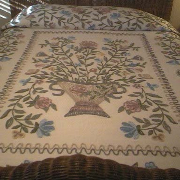 RESERVED - STUNNING Ivory with Basket and NEEDLETUFT Flowers Vintage Chenille Bedspread - Free Shipping