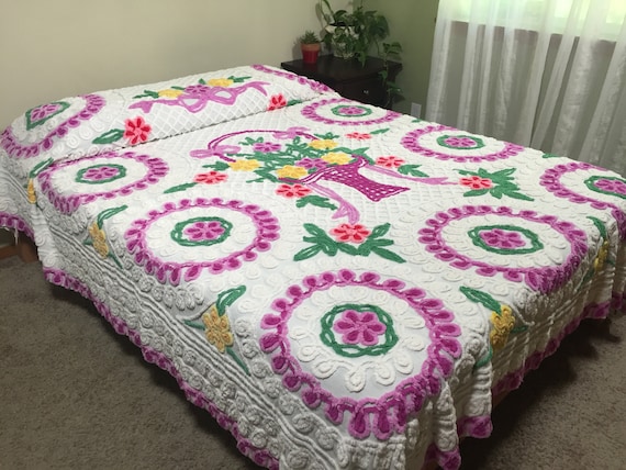 White With Lavender Purple Curlique Circles And Basket With Pink Purple And Yellow Roses Vintage Chenille Bedspread Free Shipping