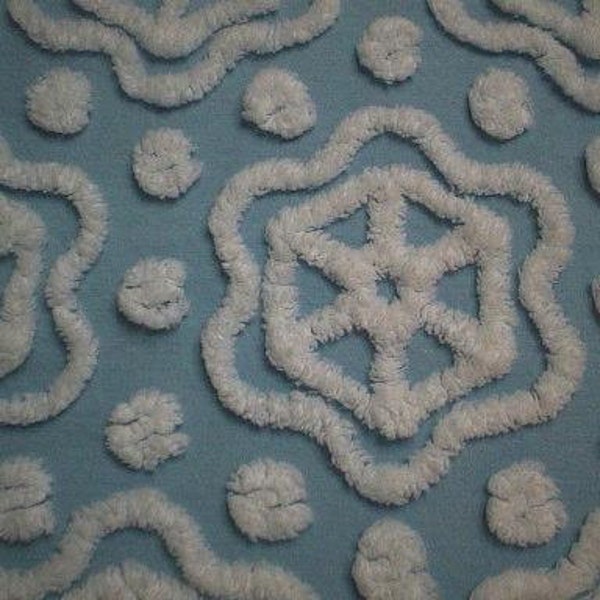 Hofmann BLUE with WHITE Snowflakes and Pops Vintage Chenille Bedspread Fabric -25" X 26" - Last Piece